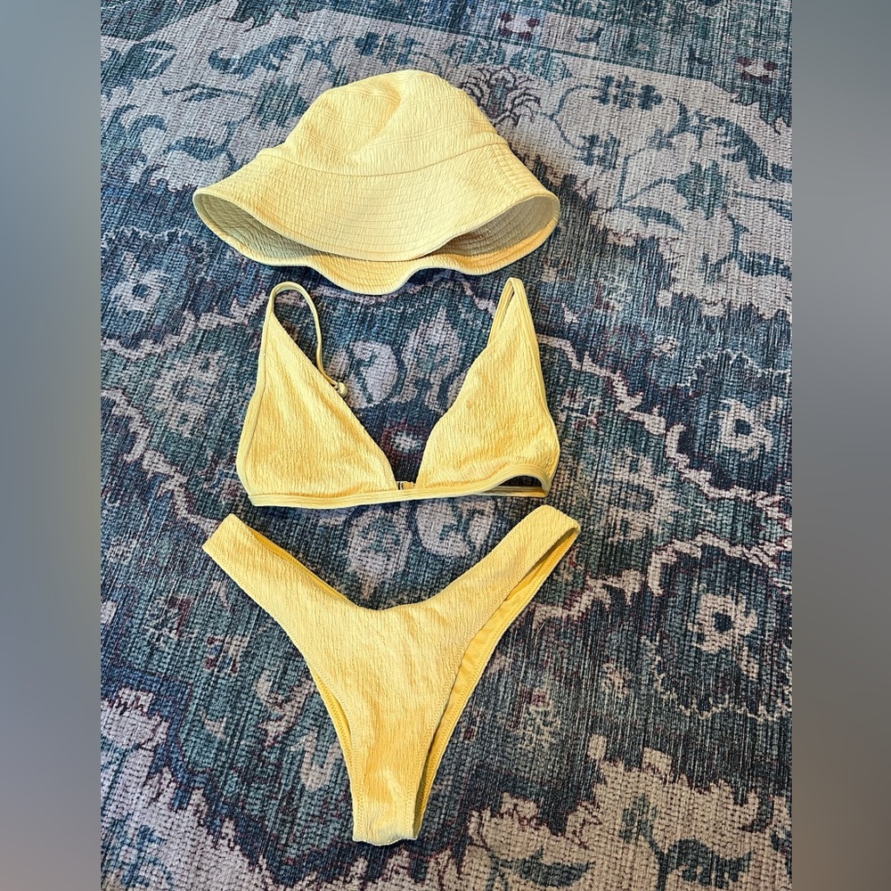 TJ SWIM Jean top, bottom, and bucket hat in Soleil (Yellow) size small